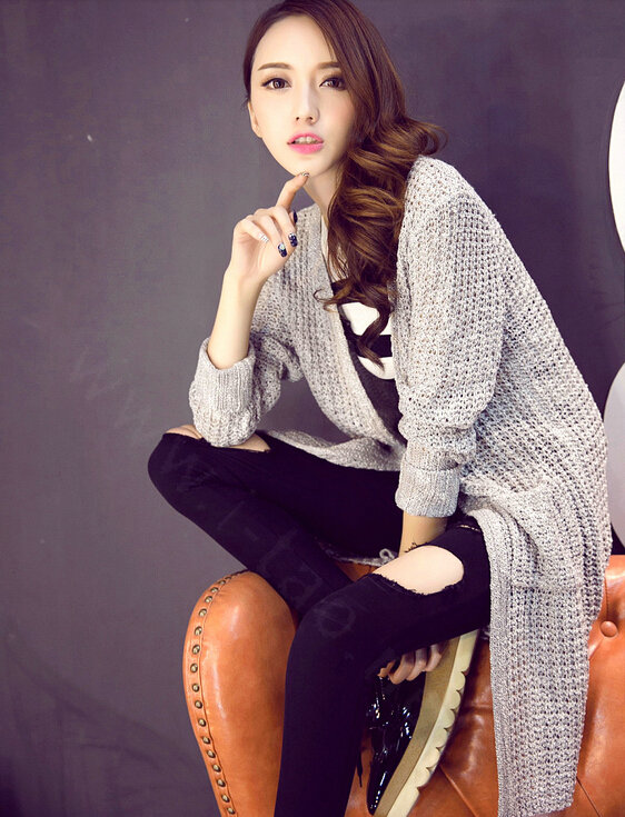 Winter Sweater Fashion Cardigan Solid Female British Style Hollow Thin - Grey