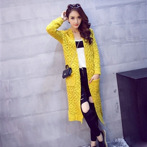 Winter Sweater Fashion Crochet Pockets V-Neck Cardigan Coat Hollowed Thick - Yellow