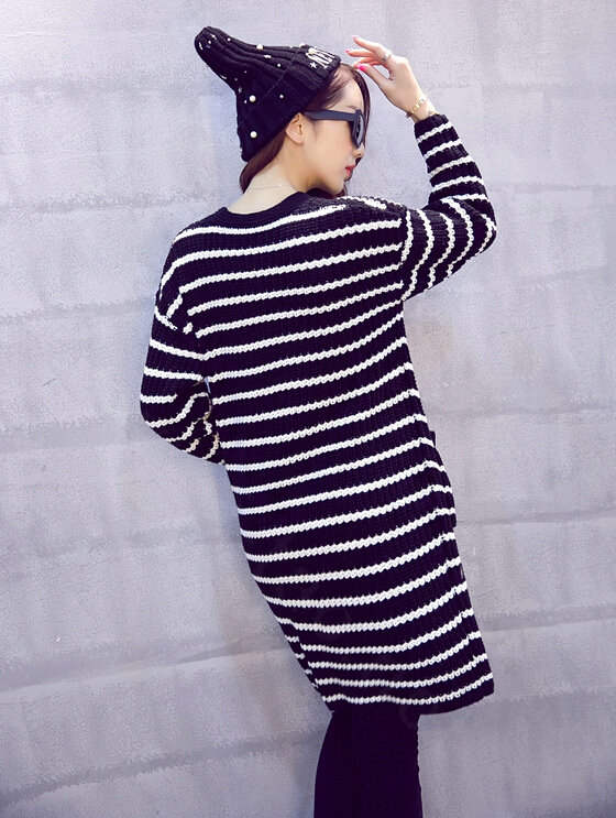 Winter Sweater Fashion Female Striped Coat Pocket Cardigans Flat Knitted - Black