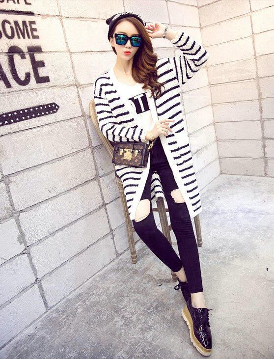 Winter Sweater Fashion Female Striped Coat Pocket Cardigans Flat Knitted - White
