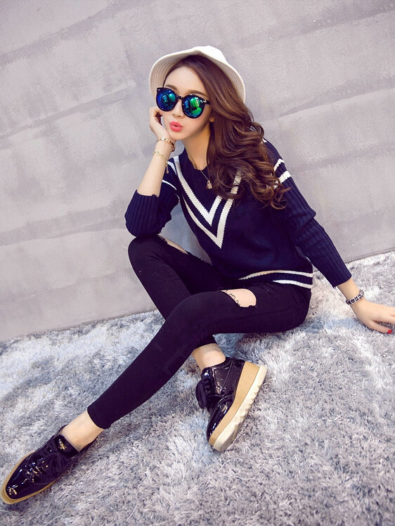 Winter Sweater Fashion Navy O-Neck Flat Knitted Female Slim - Black