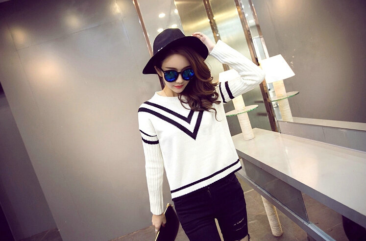 Winter Sweater Fashion Navy O-Neck Flat Knitted Female Slim - White