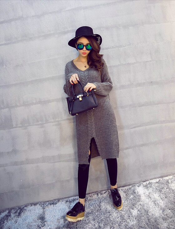 Winter Sweater Fashionable Female Long Thread Split Solid Full Sleeve - Dark Grey