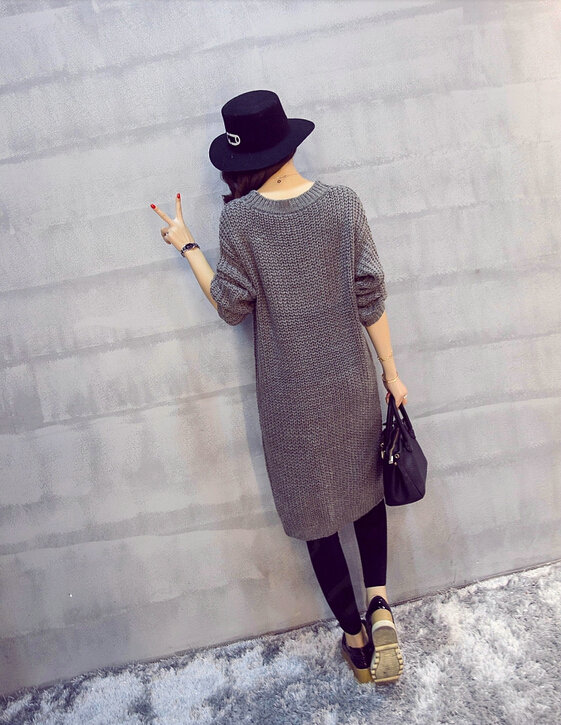 Winter Sweater Fashionable Female Long Thread Split Solid Full Sleeve - Dark Grey