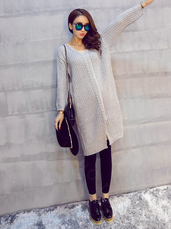 Winter Sweater Fashionable Female Long Thread Split Solid Full Sleeve - Grey