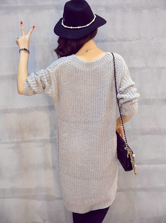 Winter Sweater Fashionable Female Long Thread Split Solid Full Sleeve - Grey