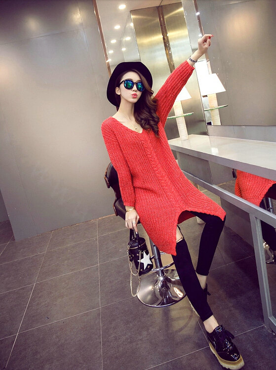 Winter Sweater Fashionable Female Long Thread Split Solid Full Sleeve - Red