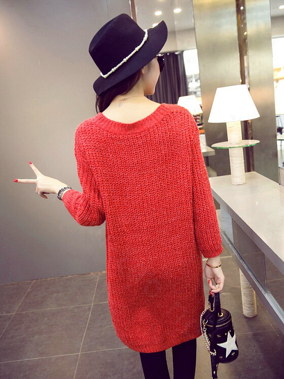 Winter Sweater Fashionable Female Long Thread Split Solid Full Sleeve - Red