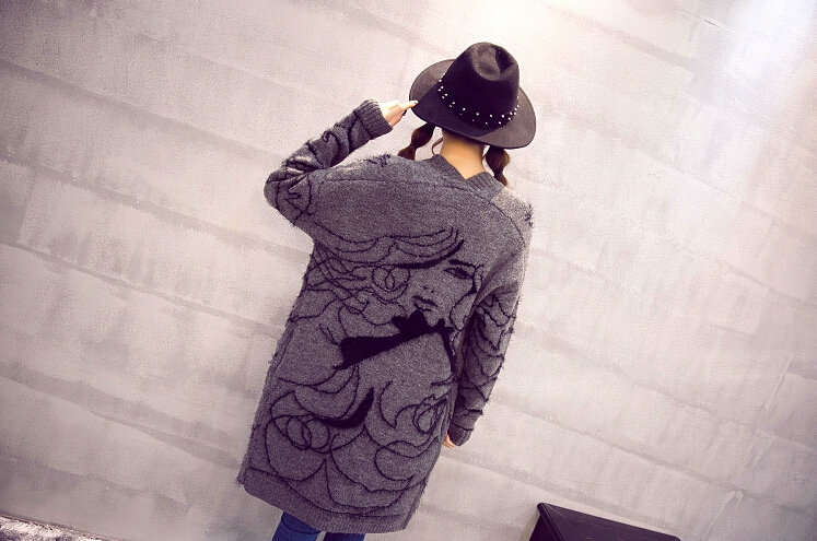 Winter Sweater Female Big Geometric Cardigans Temperament Cardigan Coat - Grey