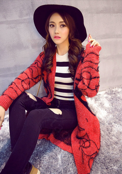 Winter Sweater Female Big Geometric Cardigans Temperament Cardigan Coat - Red