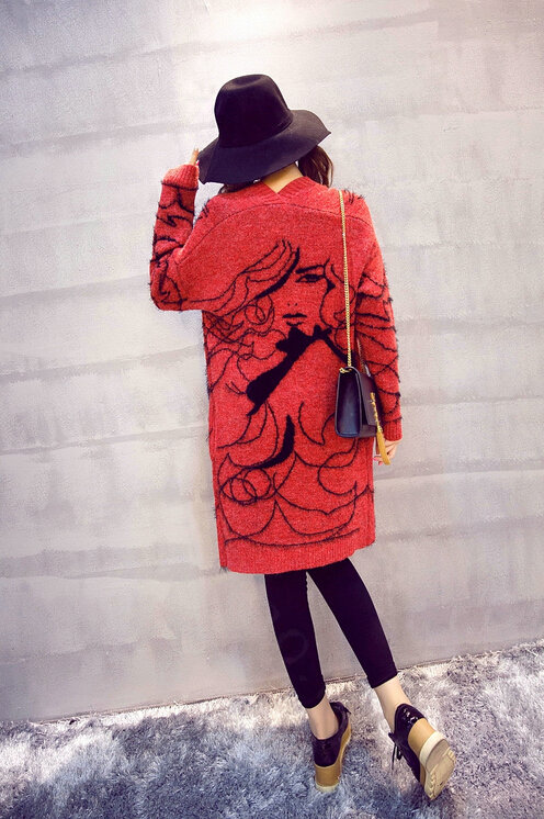 Winter Sweater Female Big Geometric Cardigans Temperament Cardigan Coat - Red