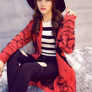 Winter Sweater Female Big Geometric Cardigans Temperament Cardigan Coat - Red