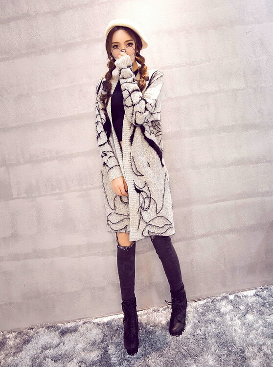 Winter Sweater Female Big Geometric Cardigans Temperament Cardigan Coat - White