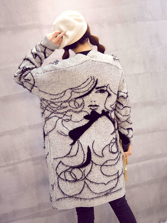 Winter Sweater Female Big Geometric Cardigans Temperament Cardigan Coat - White