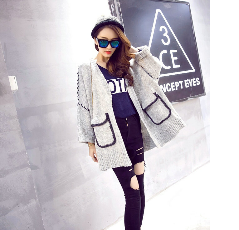 Winter Sweater Female Cardigan Coat Bat Loose Flat Knitted Fashion - Grey