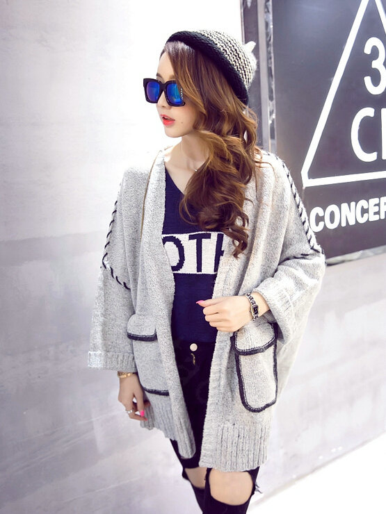 Winter Sweater Female Cardigan Coat Bat Loose Flat Knitted Fashion - Grey