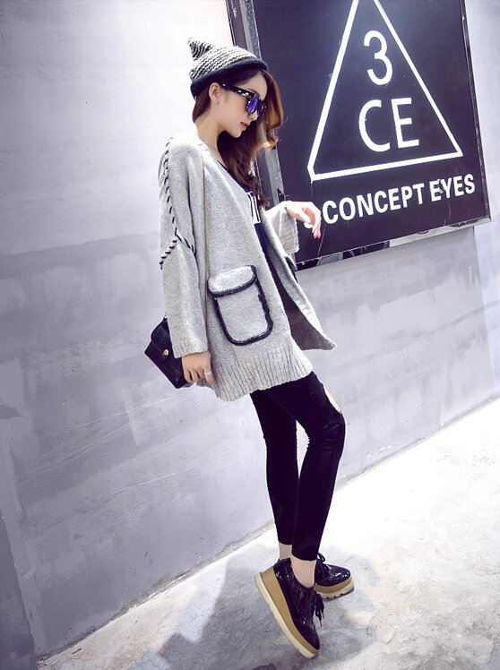 Winter Sweater Female Cardigan Coat Bat Loose Flat Knitted Fashion - Grey