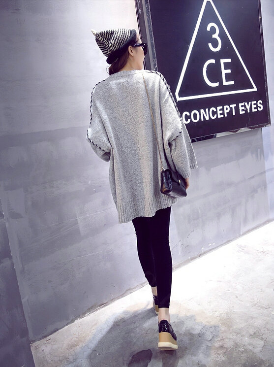 Winter Sweater Female Cardigan Coat Bat Loose Flat Knitted Fashion - Grey