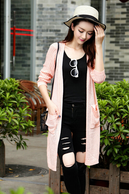 Winter Sweater Female Coat Cardigan Fashion Flat Knitted Pockets Long Sleeved - Pink