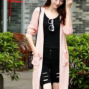 Winter Sweater Female Coat Cardigan Fashion Flat Knitted Pockets Long Sleeved - Pink