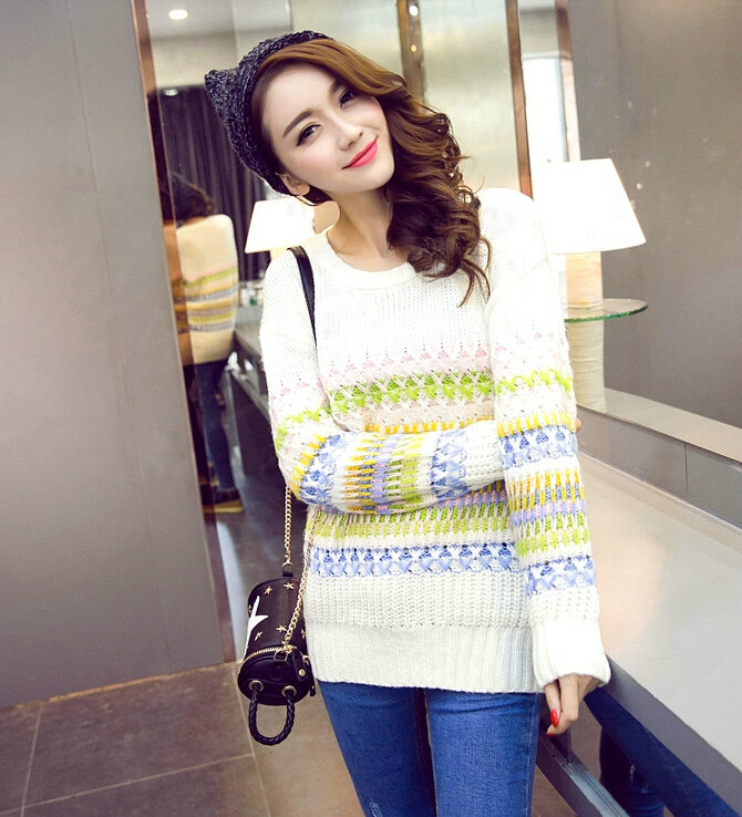 Winter Sweater Female Full Sleeve Color Fashion Thick Warm Thick - White