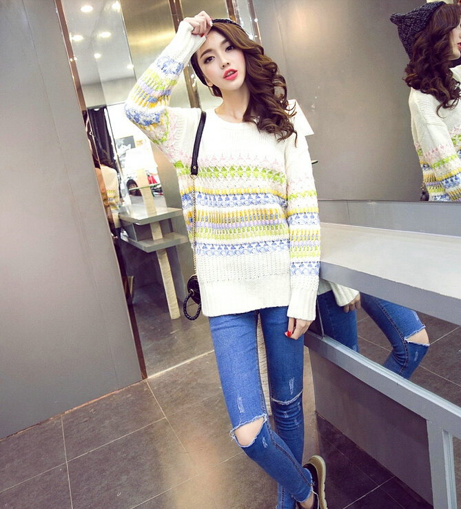 Winter Sweater Female Full Sleeve Color Fashion Thick Warm Thick - White