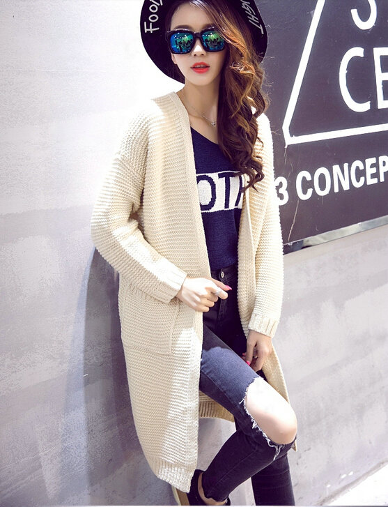 Winter Sweater Female Overcoat Striped Cardigans Long Thick Warm Loose - Beige