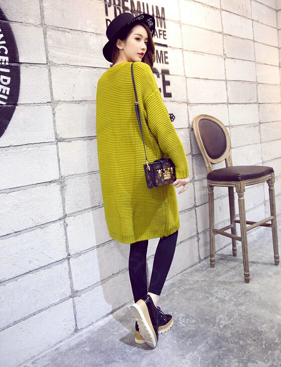 Winter Sweater Female Overcoat Striped Cardigans Long Thick Warm Loose - Green