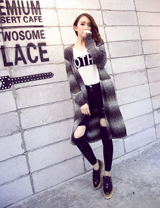 Winter Sweater Female Striped High-Grade Long Thick Warm Color - Purple