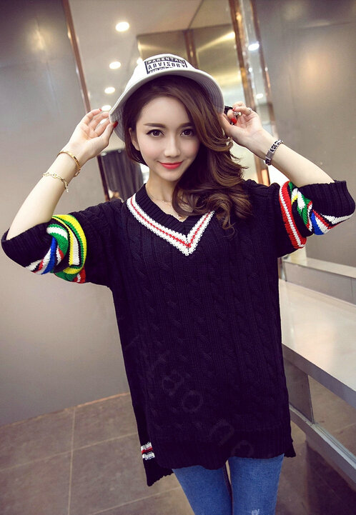 Winter Sweater Female Thread V Collar Loose Thick Warm Stripe - Black