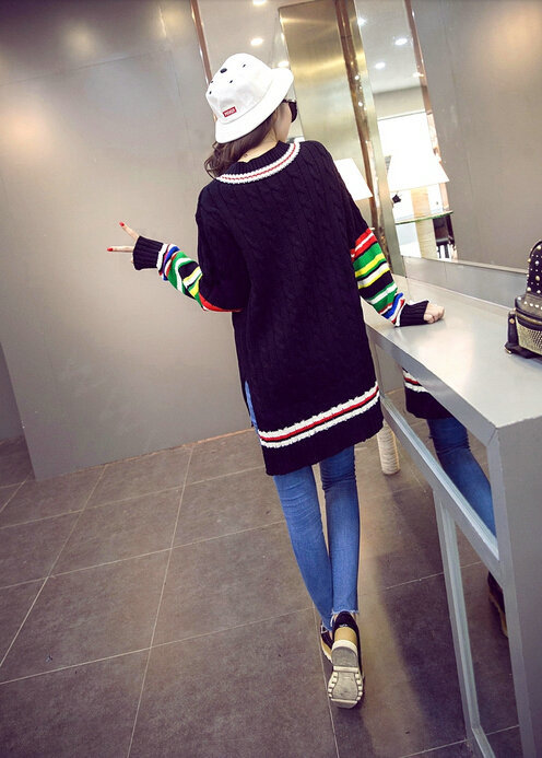 Winter Sweater Female Thread V Collar Loose Thick Warm Stripe - Black