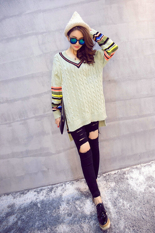 Winter Sweater Female Thread V Collar Loose Thick Warm Stripe - Green