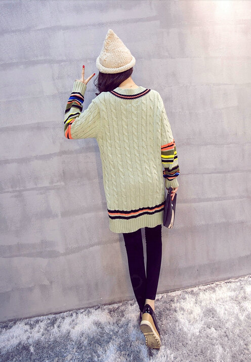 Winter Sweater Female Thread V Collar Loose Thick Warm Stripe - Green