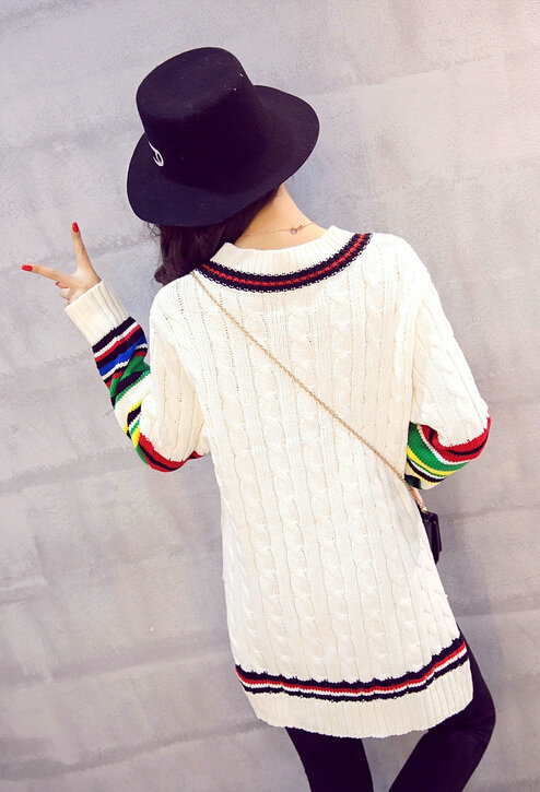Winter Sweater Female Thread V Collar Loose Thick Warm Stripe - White
