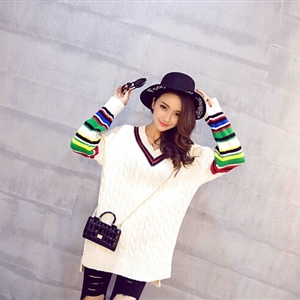 Winter Sweater Female Thread V Collar Loose Thick Warm Stripe - White