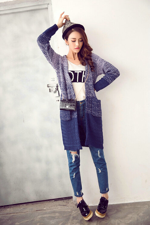 Winter Sweater Female V-Neck Cardigan Coat Long Patchwork Warm Thick - Blue
