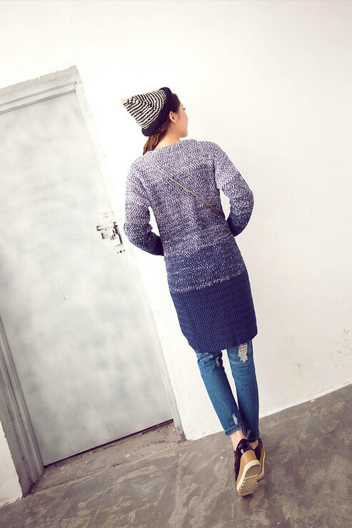 Winter Sweater Female V-Neck Cardigan Coat Long Patchwork Warm Thick - Blue