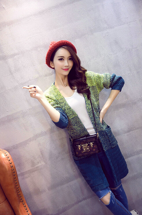 Winter Sweater Female V-Neck Cardigan Coat Long Patchwork Warm Thick - Green