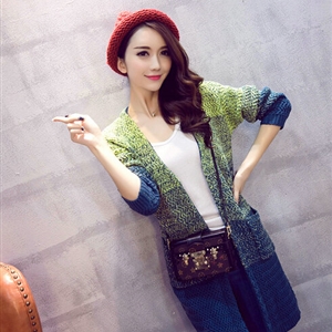 Winter Sweater Female V-Neck Cardigan Coat Long Patchwork Warm Thick - Green