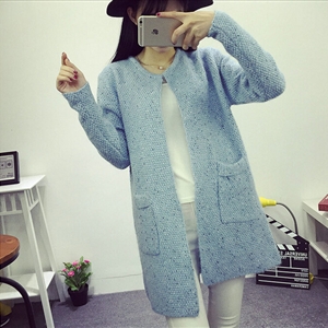 Winter Sweater Female V-Neck Long Loose Thin Pocket Trend - Blue