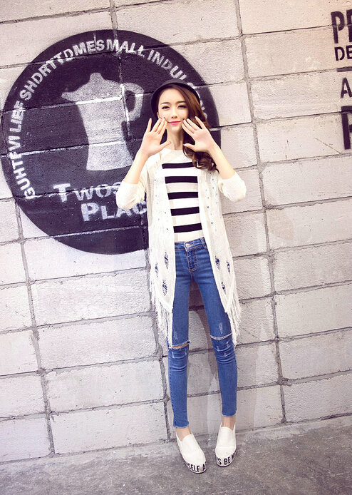 Winter Sweater Flat Knitted Patchwork Coat Female Long Cardigan - White