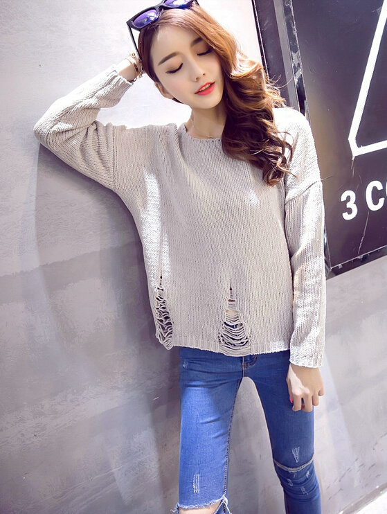 Winter Sweater Girl Thin Solid Pullover O-Neck Short Tassel - Grey
