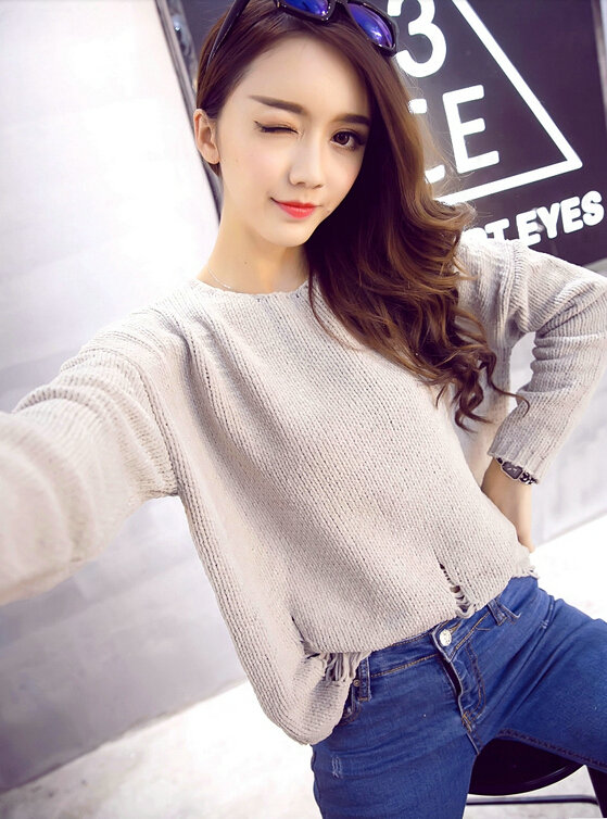 Winter Sweater Girl Thin Solid Pullover O-Neck Short Tassel - Grey