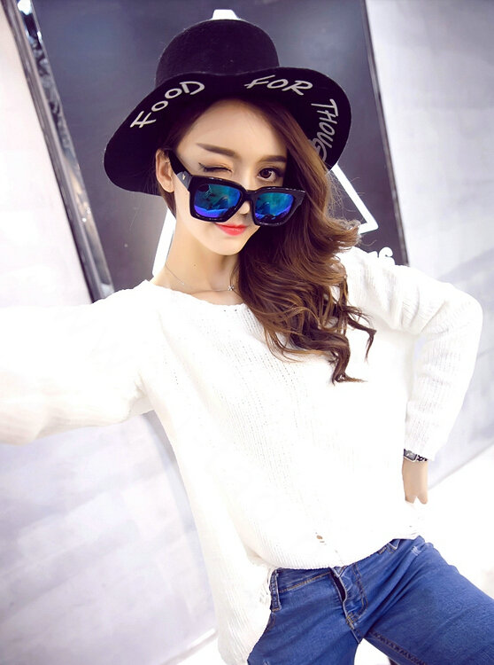 Winter Sweater Girl Thin Solid Pullover O-Neck Short Tassel - White