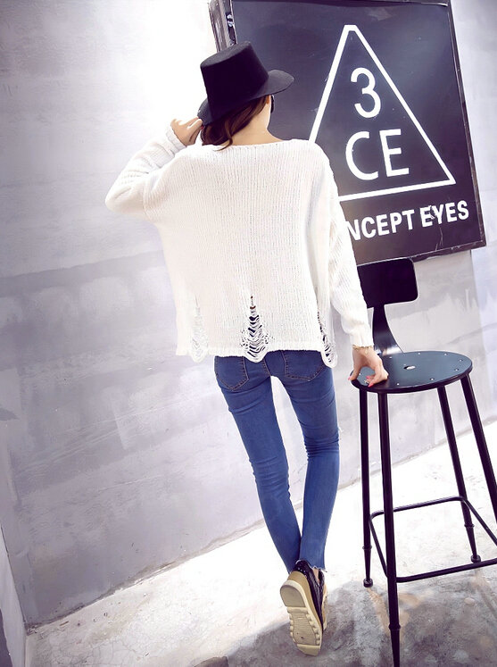 Winter Sweater Girl Thin Solid Pullover O-Neck Short Tassel - White