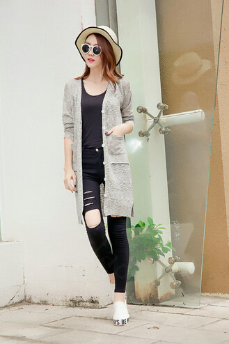 Winter Sweater Girls Pockets Flat Knitted Thin Long Sleeved Cardigan - Beige