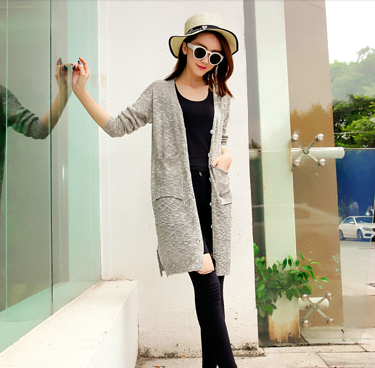 Winter Sweater Girls Pockets Flat Knitted Thin Long Sleeved Cardigan - Grey