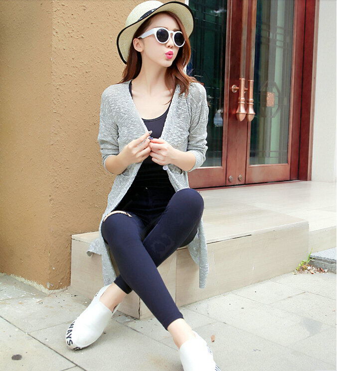 Winter Sweater Girls Pockets Flat Knitted Thin Long Sleeved Cardigan - Grey