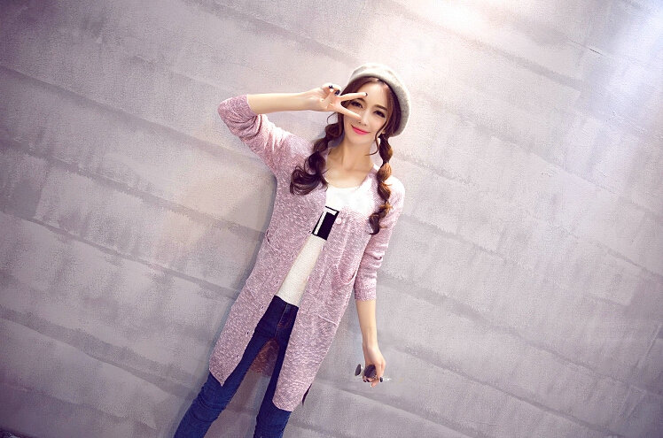 Winter Sweater Girls Pockets Flat Knitted Thin Long Sleeved Cardigan - Pink