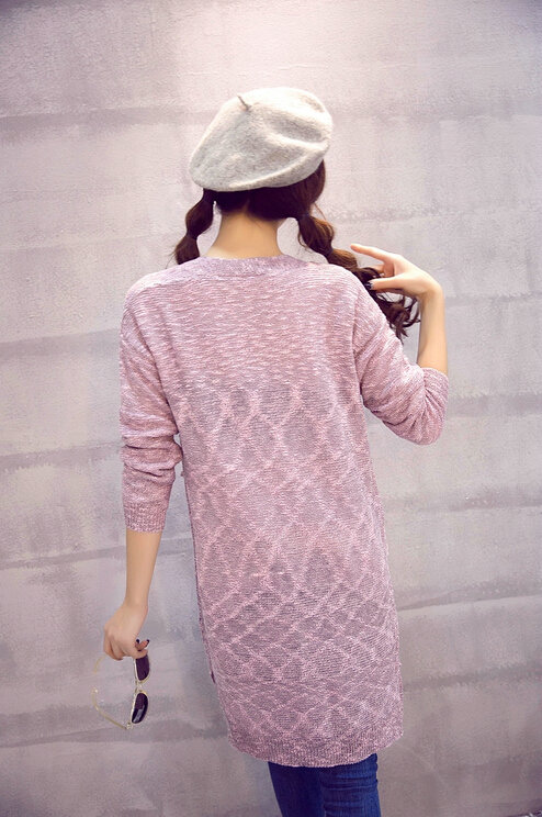 Winter Sweater Girls Pockets Flat Knitted Thin Long Sleeved Cardigan - Pink